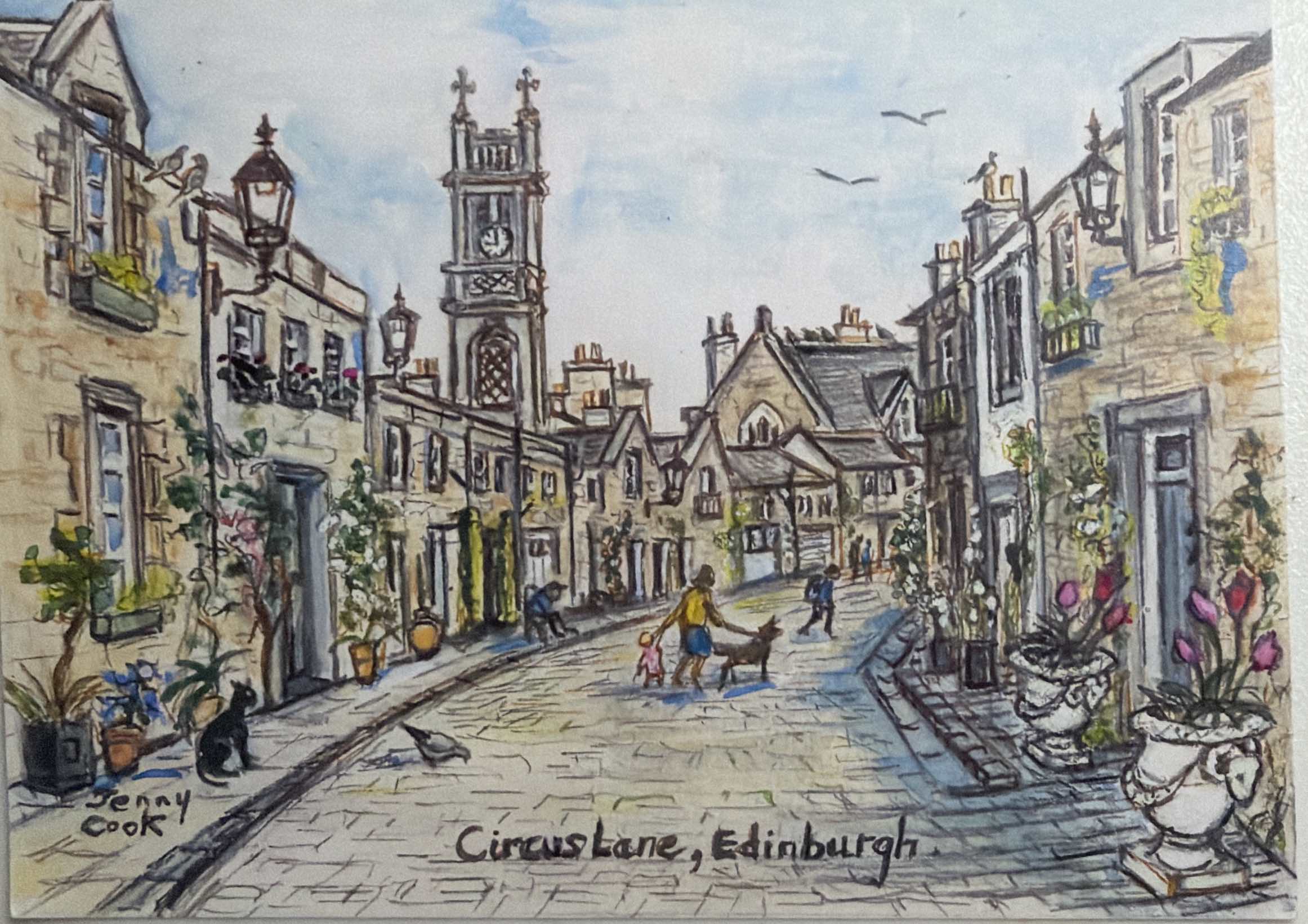 Watercolor street scene of Circus Lane in Edinburgh.