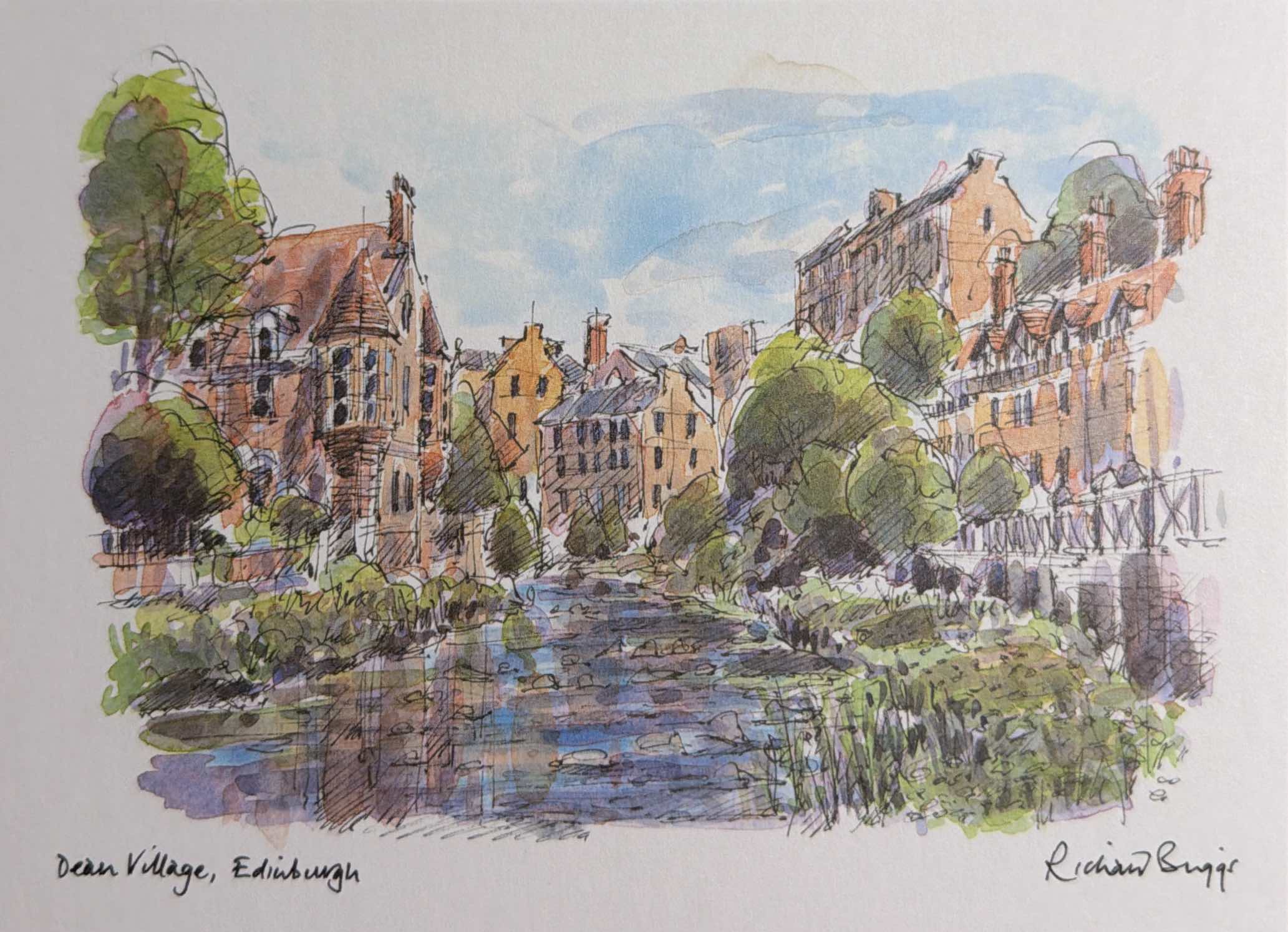 Watercolor of Dean Village in Edinburgh beside the Water of Leith.