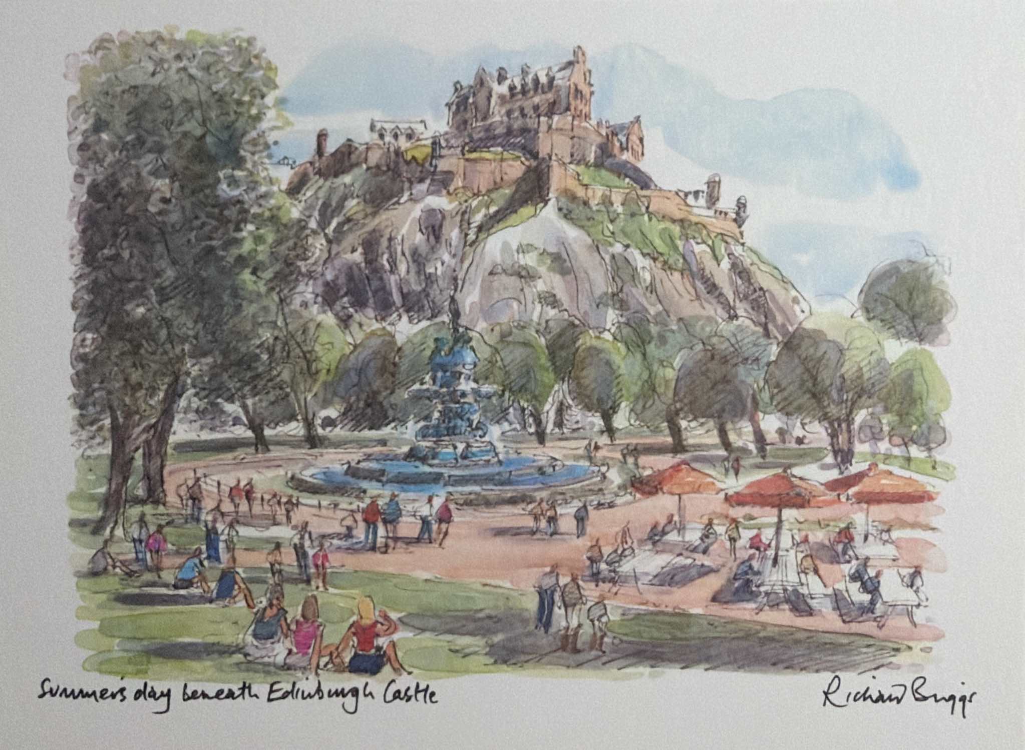 Watercolor of Edinburgh Castle above a park and fountain.