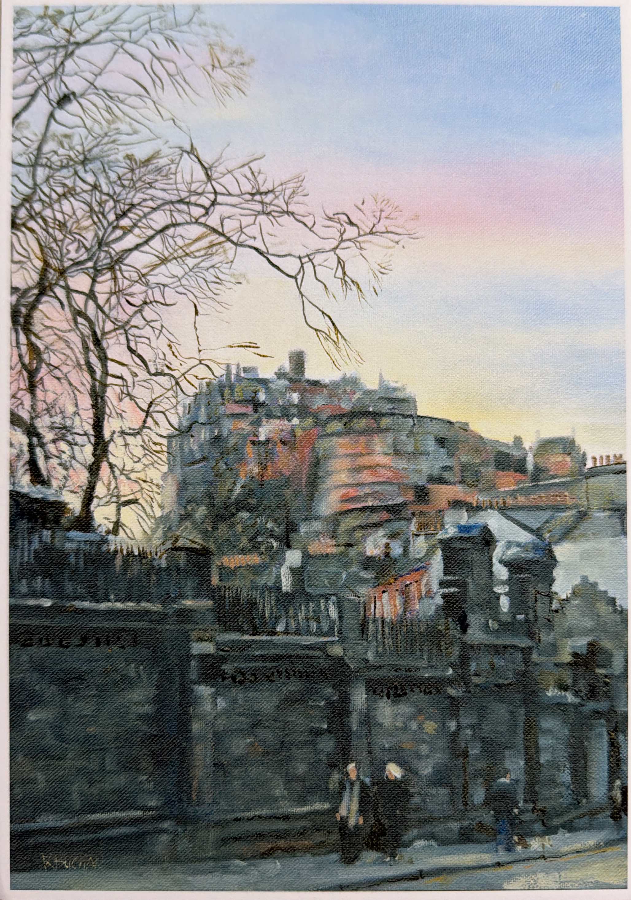 Watercolor view over Edinburgh rooftops beneath a pastel sky.