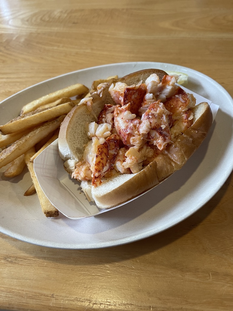 A lobster roll heaped with chunks of lobster, served with fries at Anthony's Seafood in Middletown, Rhode Island.