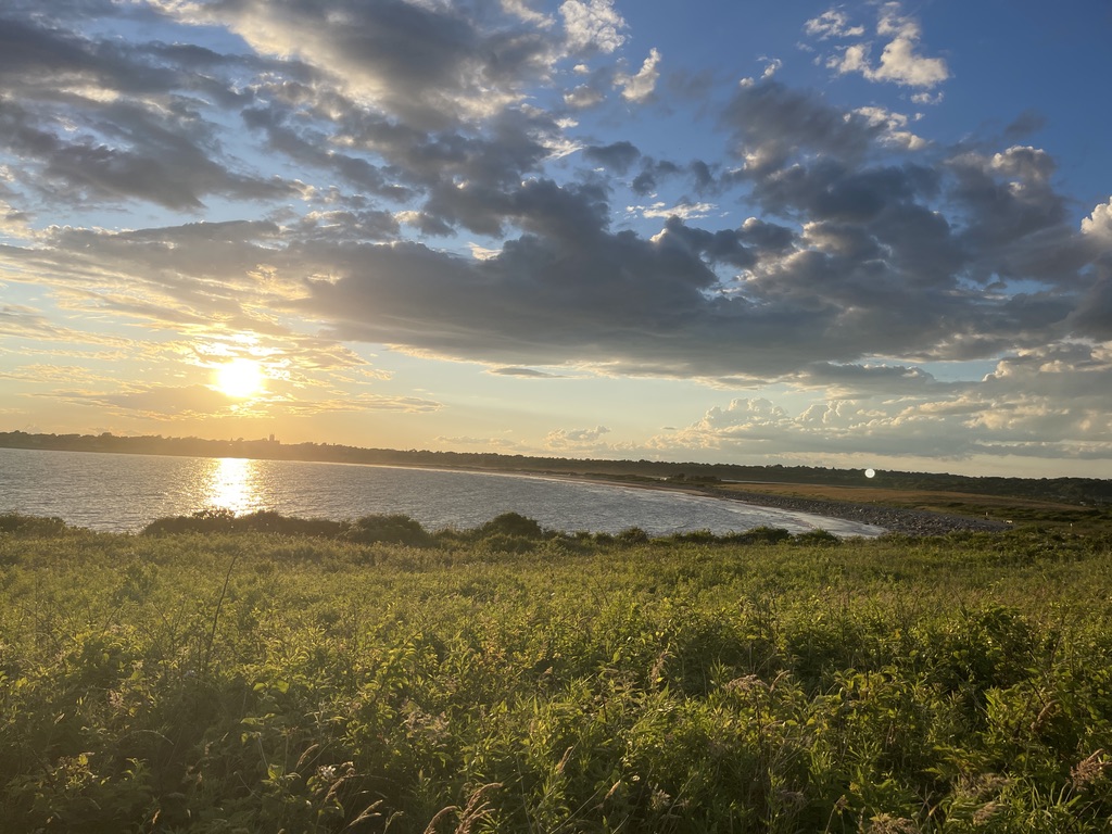 The sun setting over a curving bay at Sachuest Point, with wild grasses and shrubs in the foreground beneath a cloud-streaked sky.